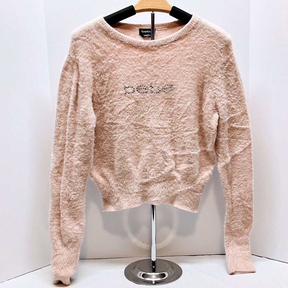 Bebe Womens Sepia Rose Pink Peach Fuzzy Cropped Sweater Size L Girly